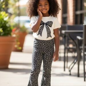 Rachel Zoe Girls 2PC Outfit Set 6X Bow Tee & Leopard Flare Pants NWT